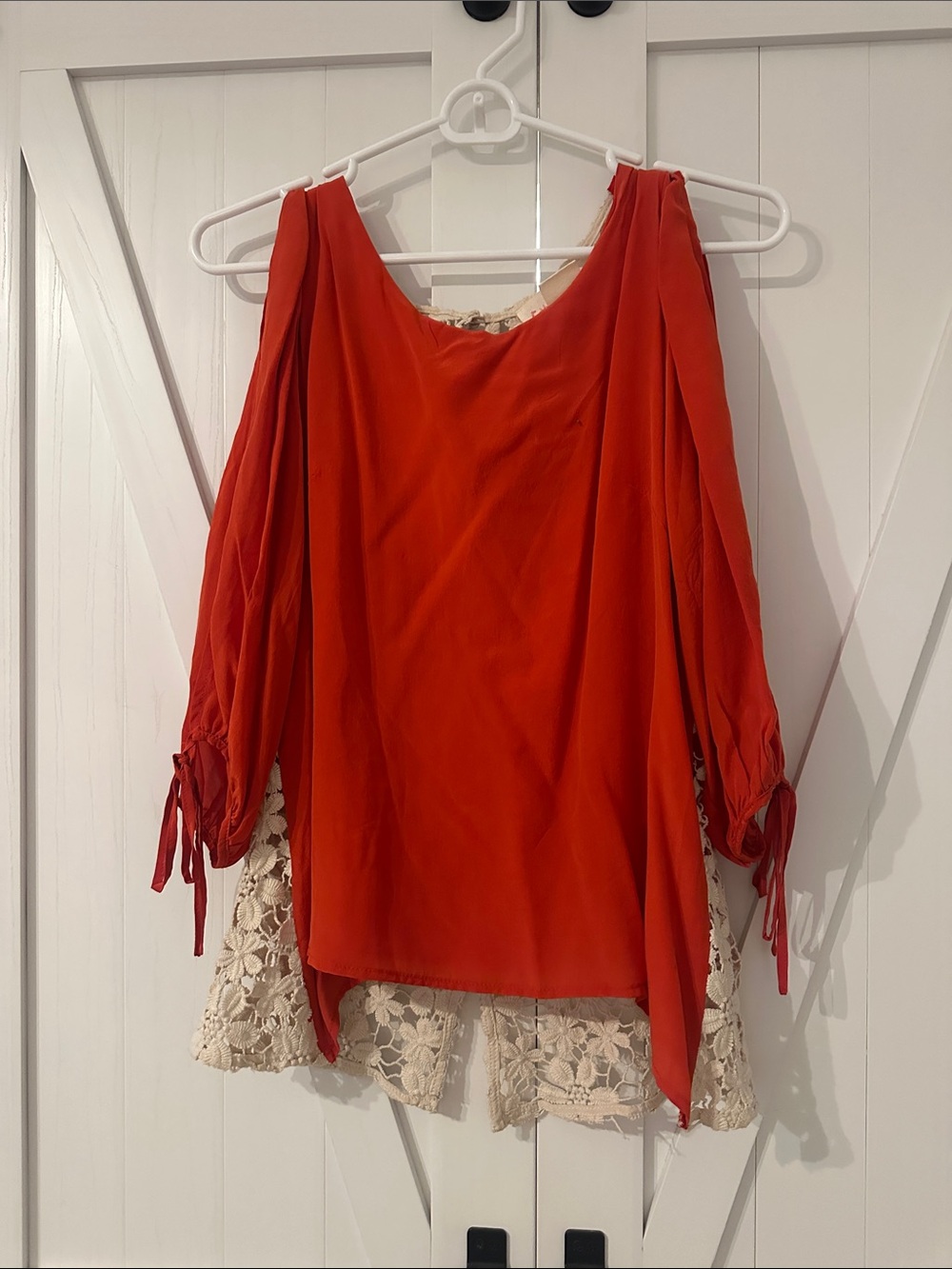 Red Cold-Shoulder Tunic with Cream Lace Hem
